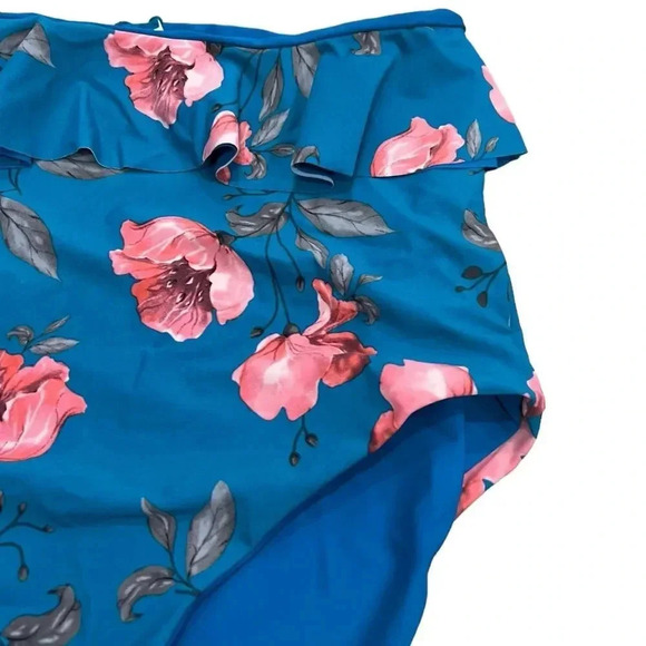 Coral Reef Teal Floral Ruffle High Waisted Reversible Bikini Bottoms L - Picture 3 of 4